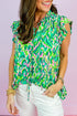 Abstract Print Ruffled Trim Tied Split Neck Tank Top
